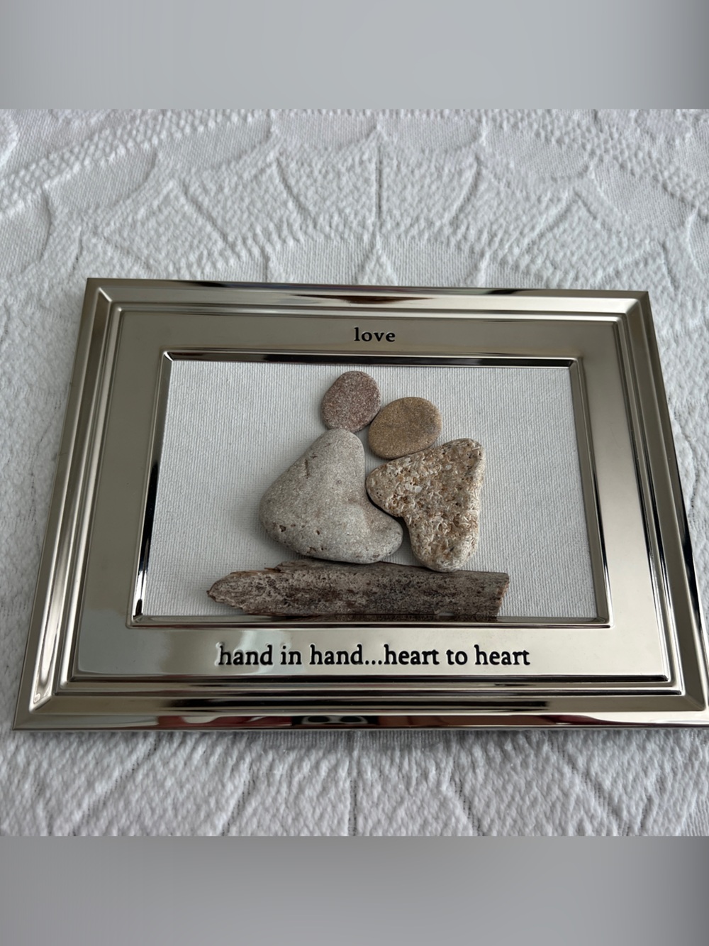 Silver-Tone 'Love' Frame Mixed Media Art with Natural Beige Stone Hearts 6x8